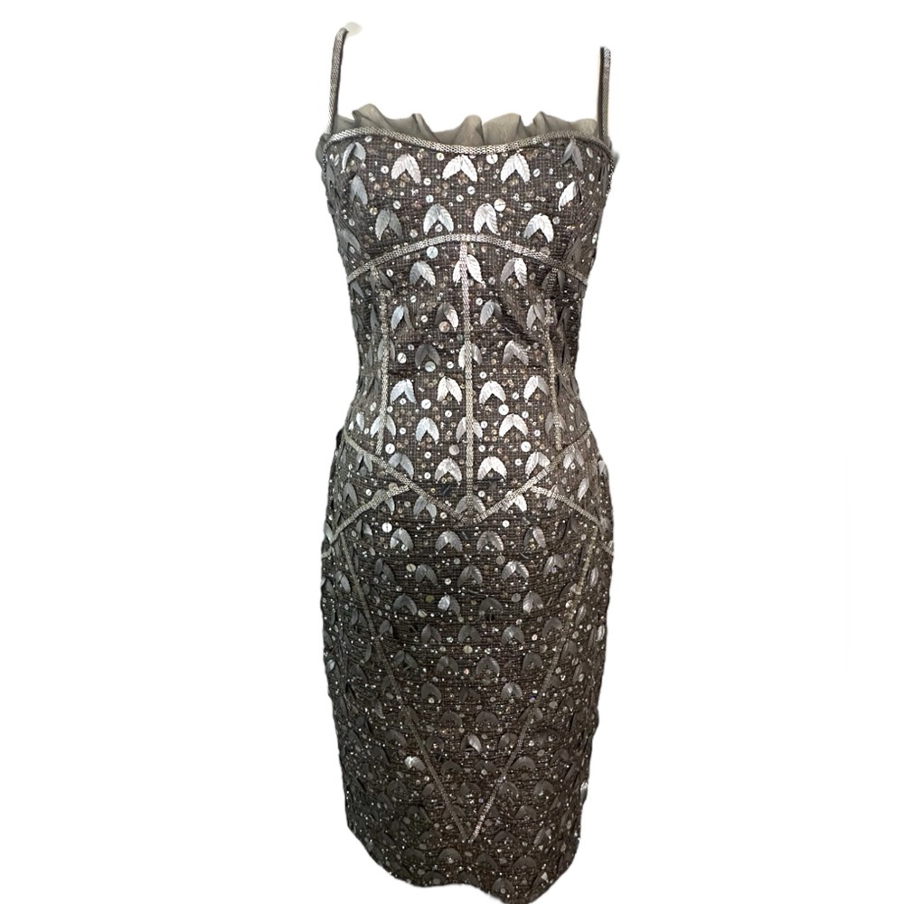 Embellished Silver Midi Dress with Spaghetti Straps